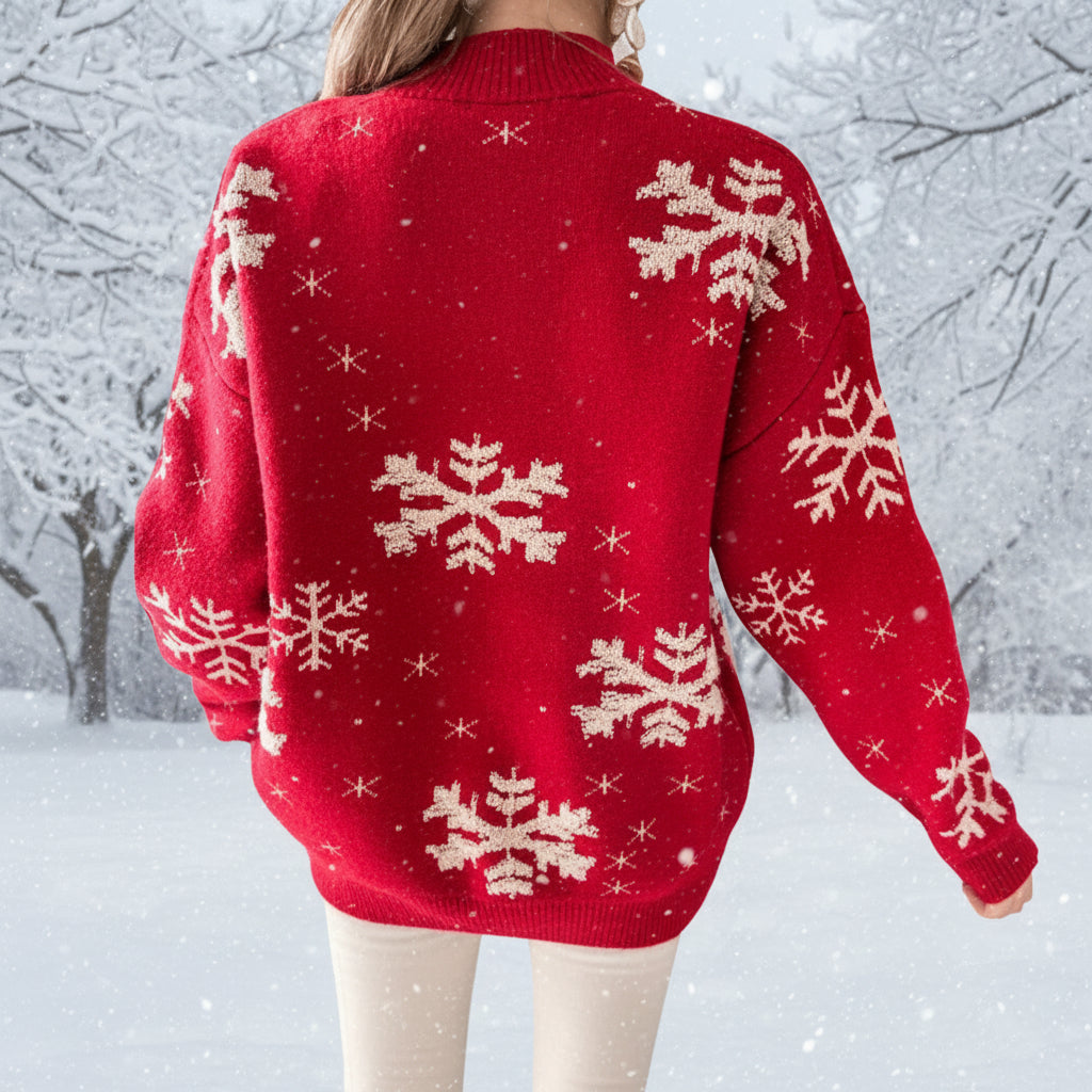 Fall Winter Women's Christmas Sweater Knitted Fluffy Loose Casual Christmas Snowflake Print Long Sleeves Pullovers Tops Streetwear