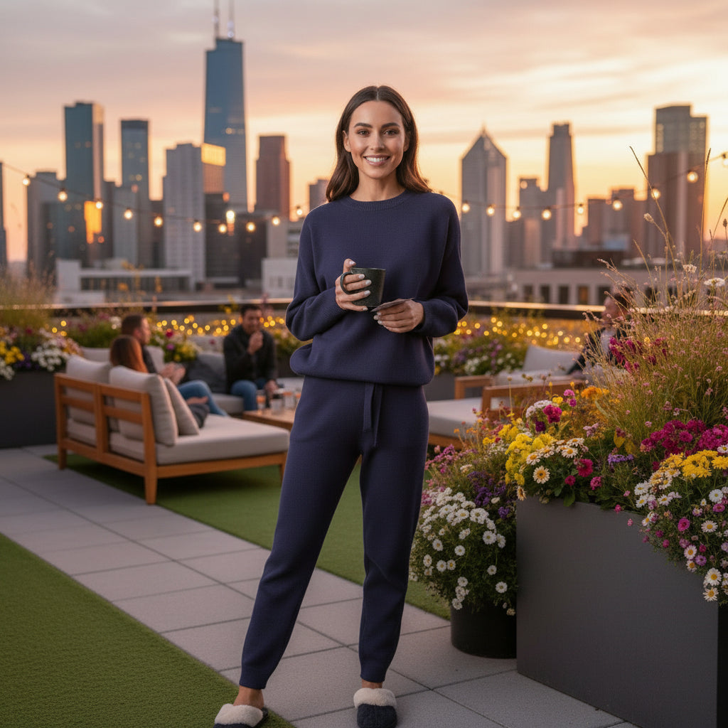 Casual Fashion Suits For Women Turtleneck Sweater And Drawstring Straight Pants