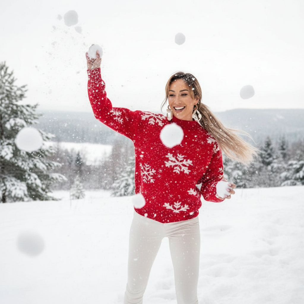 Fall Winter Women's Christmas Sweater Knitted Fluffy Loose Casual Christmas Snowflake Print Long Sleeves Pullovers Tops Streetwear