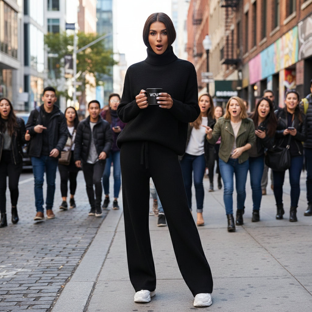 Casual Fashion Suits For Women Turtleneck Sweater And Drawstring Straight Pants