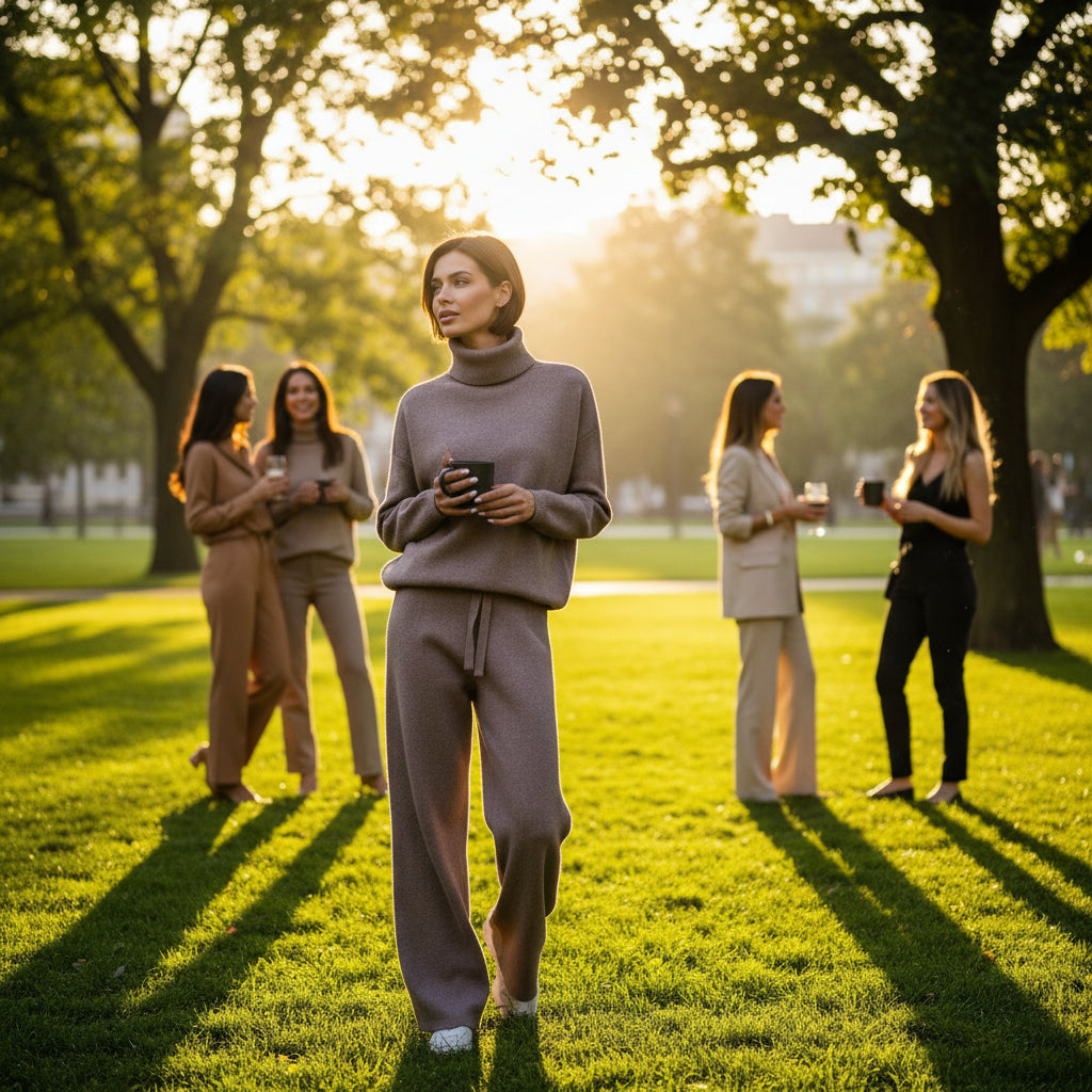 Casual Fashion Suits For Women Turtleneck Sweater And Drawstring Straight Pants