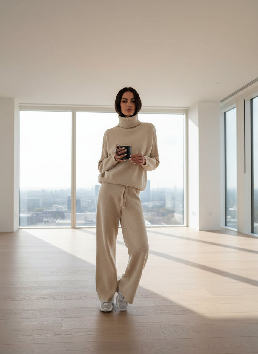 Casual Fashion Suits For Women Turtleneck Sweater And Drawstring Straight Pants